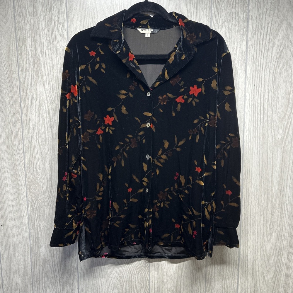 Vintage Studio JPR Velvet Floral Women's Blouse Small Black Orange Long Sleeve